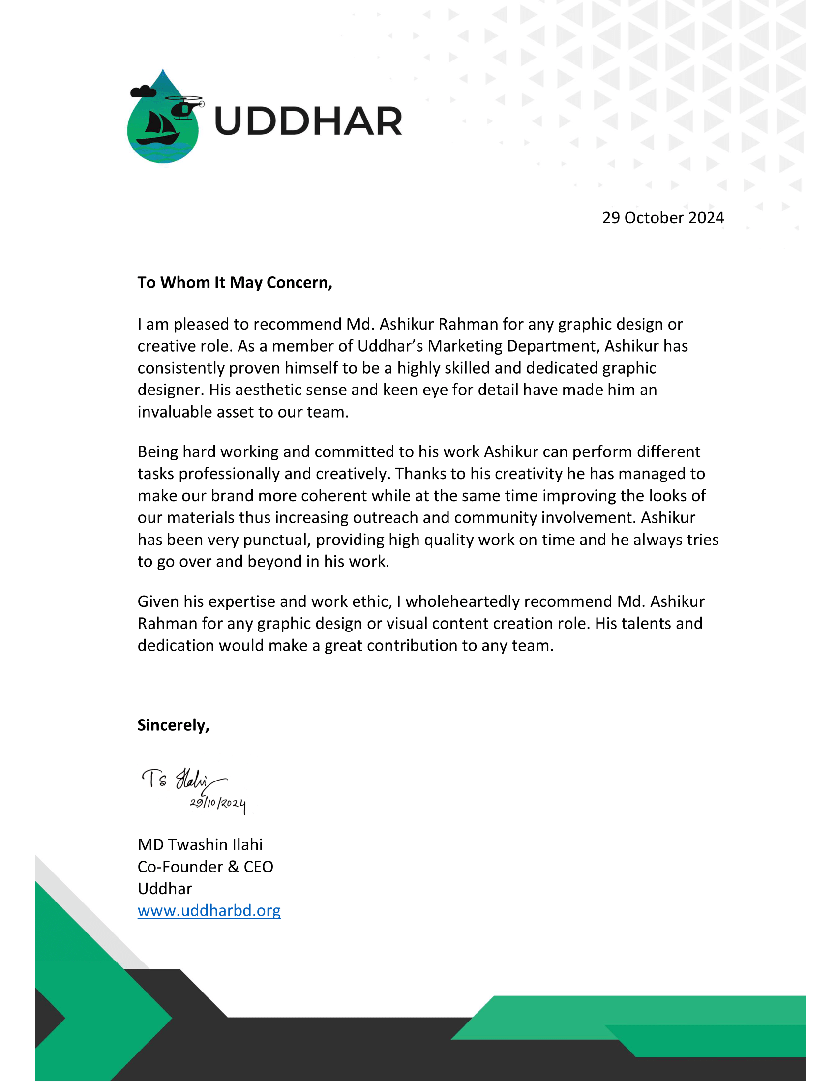 Recommendation letter of Md. Ashikur Rahman (Ayon) from Uddhar